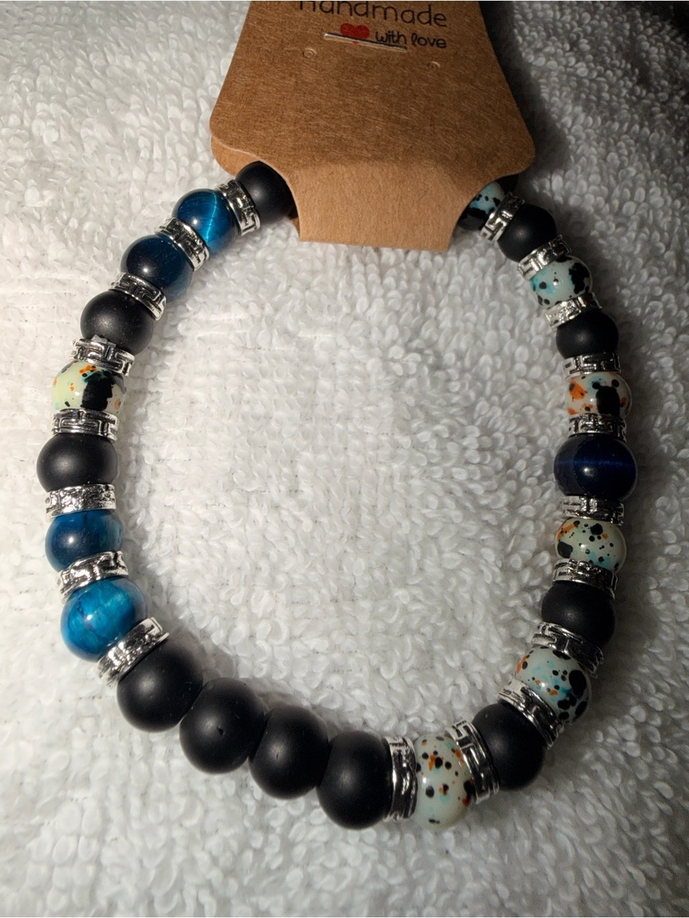 Handmade Black and Blue Beaded Stretch Bracelet